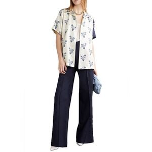 Monse Silk Flower Pot Print Shirt XS Blue White Short Sleeve Designer Blouse